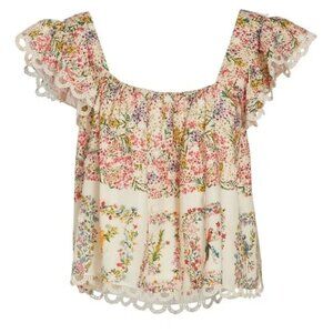 FARM RIO Delicate Forest Scarves Blouse Ruffled Floral Parrot Details Size S